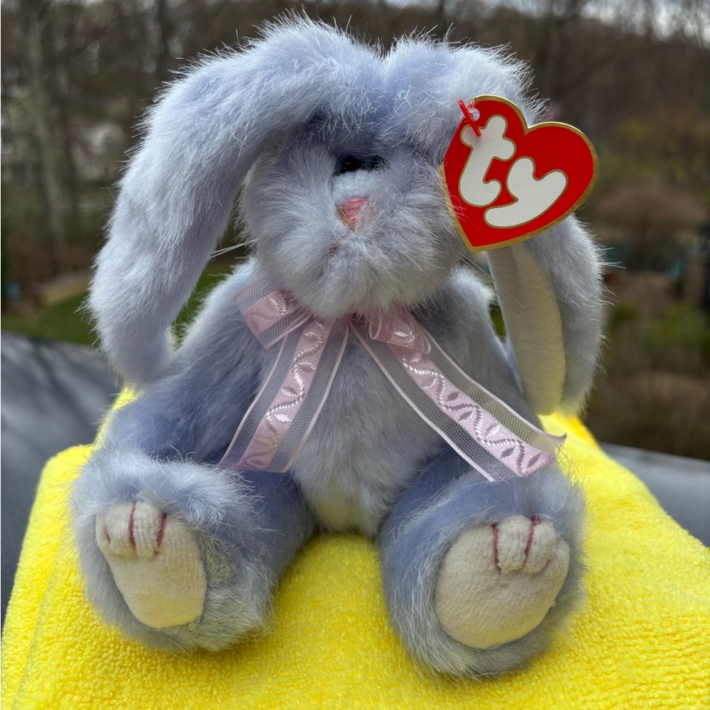 Ty Attic Treasures Azalea Lavender Posable Plush Bunny with Pink Ribbon NWT